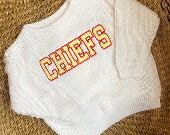 Baby/Toddler Kansas City “CHIEFS” Embroidered Sweater - Children’s KC Chiefs NFL Sweater - Kansas City Varsity Style Kids Oversized Sweater