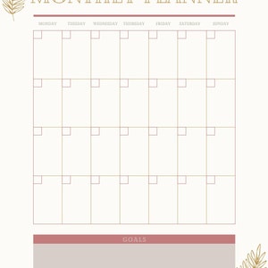 Monthly Blank Calendar, Printable Calendar, Horizontal 11x8.5 inches, PDF print, Instant download