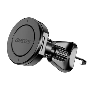 May include: Black magnetic car phone mount with a circular base and a rotating arm. The base has the word "aetos" printed on it.