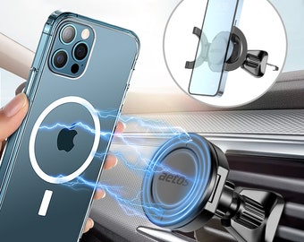 MagSafe Compatible 3 in 1 Magnetic, Spring Load Phone Car Mount Holder with J Hook Vent Install for All Phones.