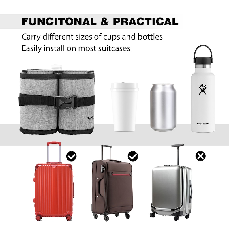 Puede incluir: Un portavasos de viaje gris con una correa y una hebilla negras. El portavasos se muestra unido a una maleta roja, una maleta marr&oacute;n y una maleta plateada. El portavasos se puede utilizar para transportar vasos y botellas de diferentes tama&ntilde;os. El texto "FUNCITONAL & PRACTICAL" se muestra en la parte superior de la imagen. El texto "Carry different sizes of cups and bottles" se muestra debajo de la imagen del portavasos. El texto "Easily install on most suitcases" se muestra debajo del texto "Carry different sizes of cups and bottles".