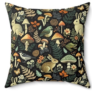 Forest Flora and Fauna Polyester Pillow - Nature Wildlife Rabbit Mushrooms Birds Frogs, Home Decor, Cozy Pillow, Woodland Animals Gift