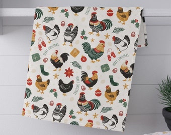 Christmas Chickens Tea Towel: Festive Farmhouse Kitchen Decor