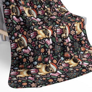 Christmas Pug Fleece Sherpa Blanket: Holiday Dog Lover Gift