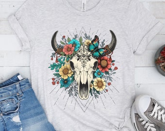Camiseta bohemia con calavera de vaca: camiseta con estampado floral del oeste