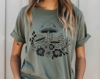 Retro Mushroom Flowers T-Shirt: Boho Cottagecore Oversized Tee