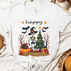 Hallothanksmas Unisex Tee: Halloween Thanksgiving Christmas Shirt