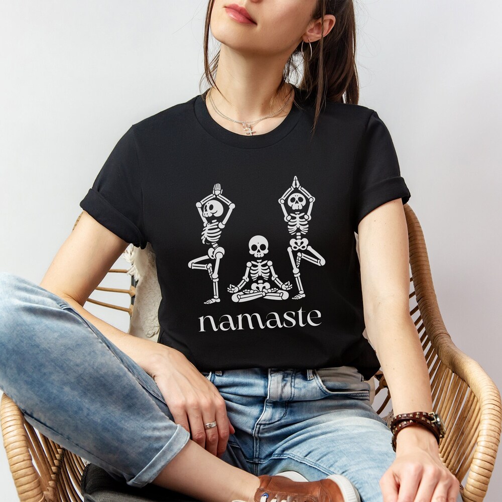 Skeleton Namaste Shirt, Skeleton Shirt, Meditation Shirt, Skeleton Yoga Shirt, Namaste Shirt, Funny Shirt, Halloween Shirt, Womens Shirt Designed By Shirttrendz