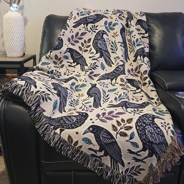 Ravens Woven Blanket: Gothic Crow Throw, Bird Lover Gift