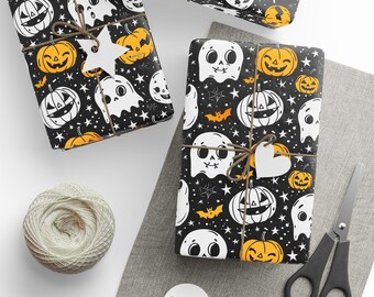 Spookachtig inpakpapier voor Halloween: pompoenen en spoken