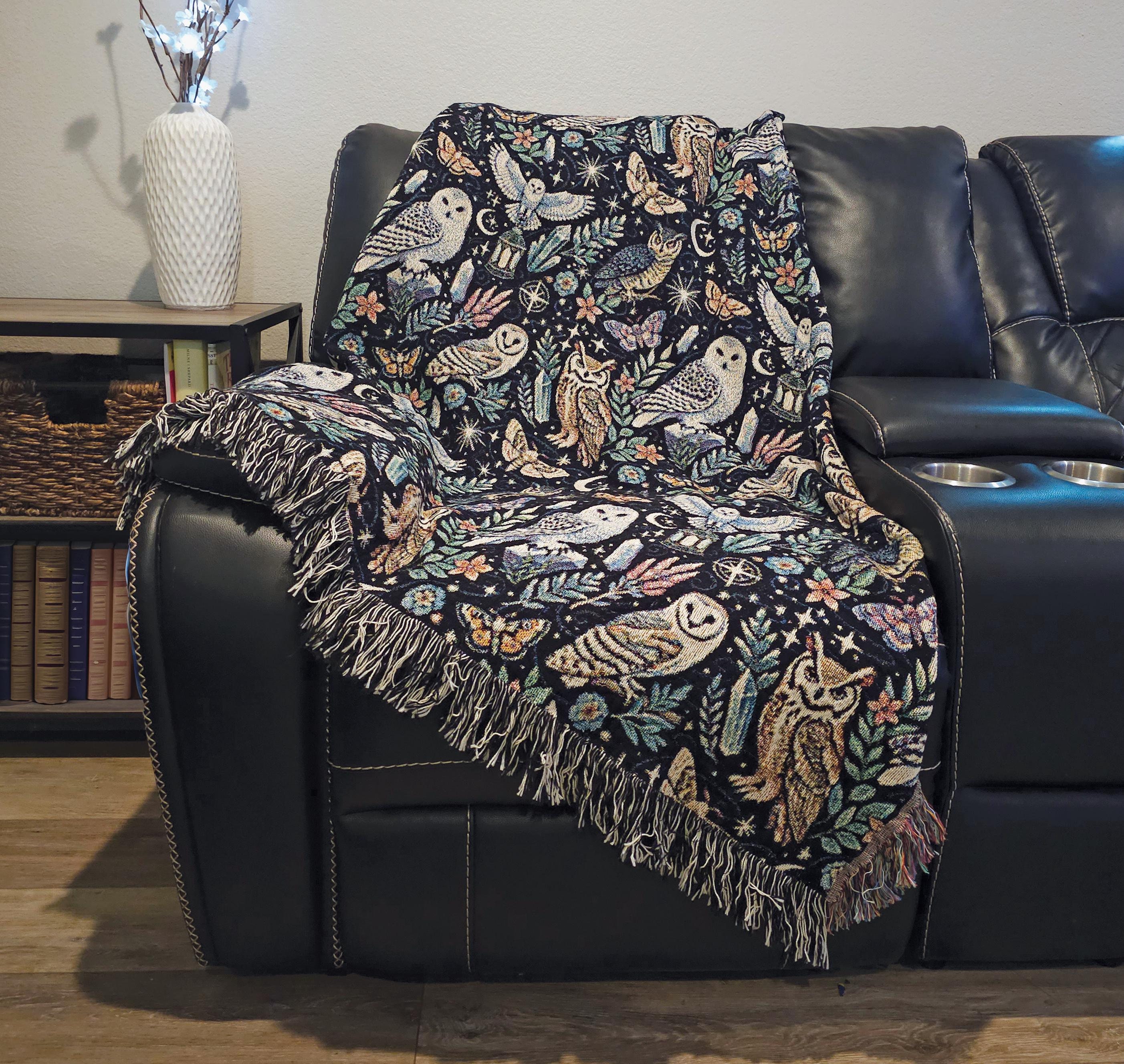 Mystical Owl Woven Blanket: Celestial Crystals & Moths Throw