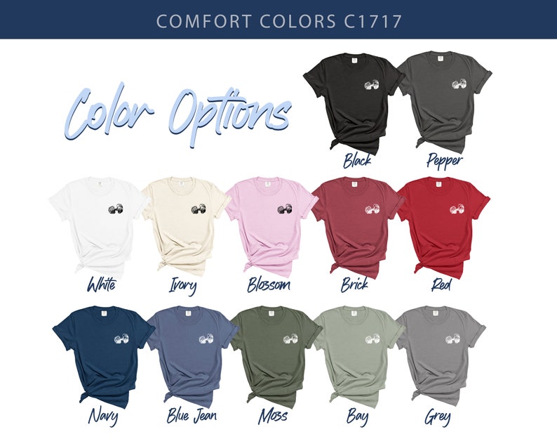 May include: A selection of t-shirts in various colors, including white, ivory, blossom, brick, red, navy, blue jean, moss, bay, and grey. Each shirt features a small graphic design on the front.