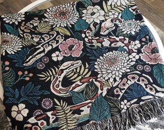 Manta tejida con estampado de serpiente floral: manta de algodón, decoración del hogar con diseño de serpiente