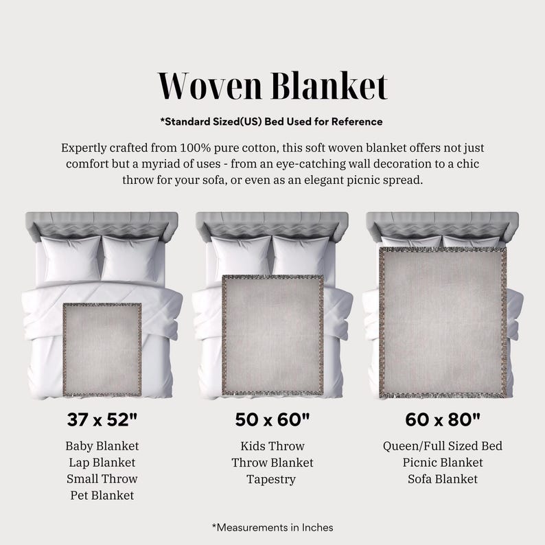 May include: A woven cotton blanket in three sizes: 37 x 52 inches, 50 x 60 inches, and 60 x 80 inches. The blanket is shown on a bed, with the text "Woven Blanket" and "Standard Sized (US) Bed Used for Reference" above the image.