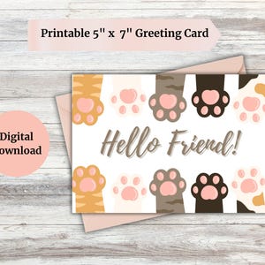 Tarjeta de felicitación imprimible de "Hola" para amantes de los gatos, tamaño A2, 5 x 7, descarga digital, PDF instantáneo, JPG, papelería para gatos Toe Beans, "Hola amigo".