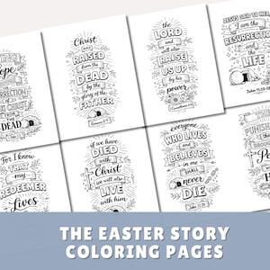 以下が含まれることがあります： イースターをテーマにした、インスピレーションを与える引用句と宗教的なイメージが描かれた、白黒の塗り絵のコレクション。ページには「Living Hope」や「イエスは彼女に言われた、わたしは復活であり、命である」などのテキストが記載されています。「The Easter Story Coloring Pages」というテキストが下にあります。