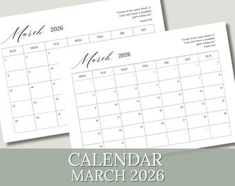 Calendário de março de 2026 com início às segundas e domingos, para imprimir, tamanho A4 (carta americana). Download instantâneo.