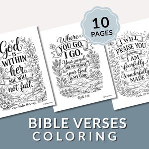 May include: Three white pages featuring black line art for coloring, each displaying a different Bible verse with floral and landscape illustrations. The text includes God is within her, she will not fall, Where you go, I go, and I will praise you.