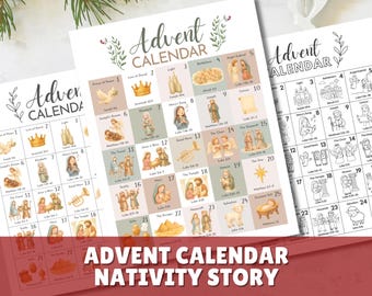 Calendario dell'Avvento stampabile, storia della Natività da colorare, più 25 versetti della Bibbia, conto alla rovescia per Natale cristiano