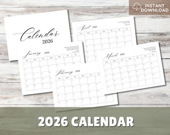 Calendario 2026 stampabile, pianificatore mensile, paesaggio elegante, versetto della Bibbia, calendario di inizio della domenica in PDF