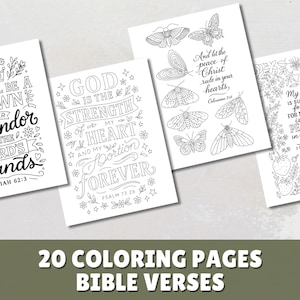 May include: Four white coloring pages with Bible verses and floral or butterfly illustrations. The pages include text from Isaiah 62:3, Psalm 73:26, and 2 Corinthians 12:9. The image also includes the text "20 COLORING PAGES BIBLE VERSES".