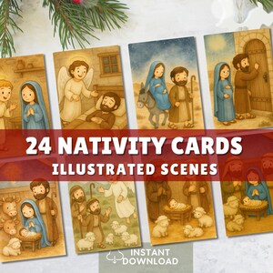 Puede incluir: Un conjunto de 24 tarjetas ilustradas del Nacimiento. Cada tarjeta presenta una escena diferente de la historia del Nacimiento, con ilustraciones coloridas de María, José, el niño Jesús, ángeles y animales. Las tarjetas están dispuestas sobre una superficie blanca con adornos navideños.