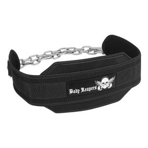 May include: Black weightlifting belt with a chain and a skull logo that says "Body Reapers".