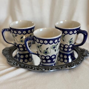 Set of 3 Vintage made in Poland Coffee Mugs with  Blue Green and Cream Flower Designs