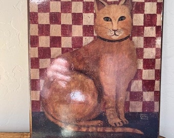 Vintage David Carter Brown Folk Art Cat Checkerboard Picture