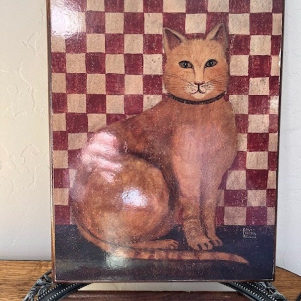 Vintage David Carter Brown Folk Art Cat Checkerboard Picture