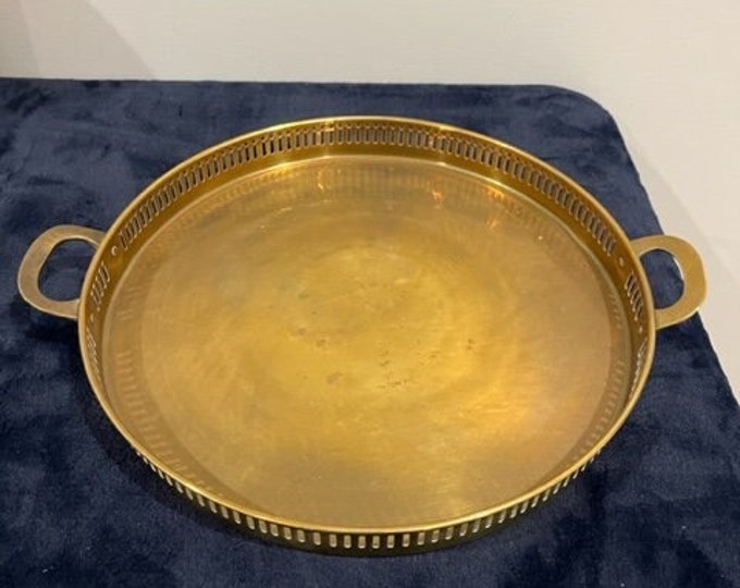 Vintage Solid Brass 13 Round Tray With Handles, Hand Crafted, Made in