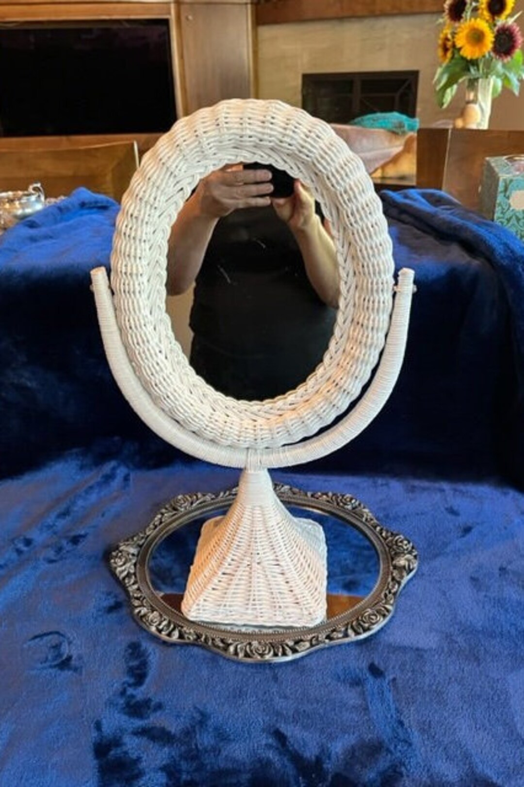 Vintage Wicker Mirror Stand /white Wicker Vanity Mirror Etsy