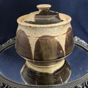 Vintage/MCM Lidded Pottery Jar- Neutral Colors artist signed Pitts 1977