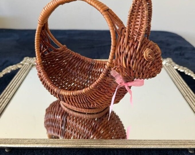 Vintage Rattan/wicker Bunny Basket With Pink Bow Etsy