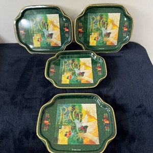 Vintage Peace Holiday Octagonal Trays/LIBBA JONES/4PC Set-GIFTCO-7 1/2&quot; X 6&quot; Metal Excellent Condition