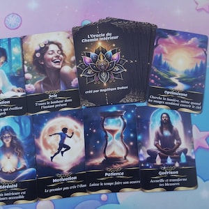 May include: A deck of oracle cards with illustrations and French text. The cards explore themes of inspiration, joy, serenity, optimism, motivation, patience, and healing. The deck is titled "L'Oracle du Chemin Intérieur" and created by Angélique Dubuc.