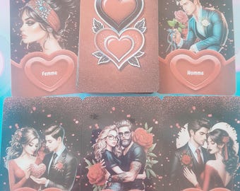 Puede incluir: Una baraja de cartas de oráculo con ilustraciones de parejas e individuos, cada carta con un borde en forma de corazón. Las cartas tienen títulos como "Femme", "Homme" y "Relation toxique". La baraja se titula "Oracle L'Hymne à l'Amour".