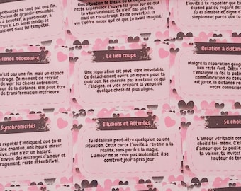 May include: A deck of oracle cards titled "Les Murmures du Coeur" with a pink and black design. The cards feature text and illustrations, including hearts. The deck is created by Angélique Dubuc.