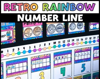 Könnte beinhalten: Ein farbenfrohes Retro-Regenbogen-Zahlenstrahl-Klassenzimmerdiagramm mit einem Leopardenmuster-Hintergrund. Das Diagramm zeigt die Zahlen 0-20, eine Penny-Münze und einen Zehn-Rahmen für jede Zahl. Das Diagramm enthält auch die Wörter "zwei", "drei", "vier" und "fünf".