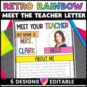 90s Retro Rainbow Editable Conoce a la carta del maestro / Decoración del aula