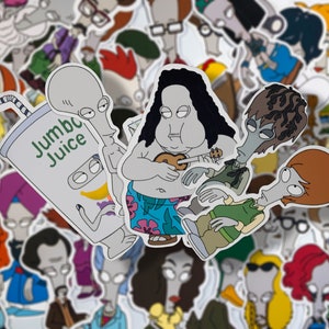 May include: A collection of colorful cartoon stickers featuring characters from the animated television series American Dad. The stickers feature various characters, including a man with a guitar, a woman with a juice box, and a man with a large head. The stickers are printed on white paper and have a glossy finish.