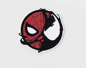 May include: Black and red cartoon illustration of Spider-Man and Venom's faces merged together.