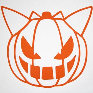 May include: Orange pumpkin with a scary face, outlined in white, with cat ears on top.