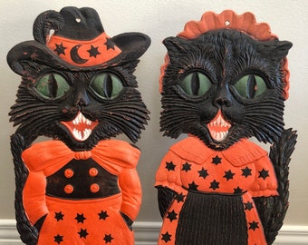 Vintage Halloween embossed Black Cats Die cut Decoration Stand up or hanging 1920s-30s – Rare Halloween black cats in relief cardboard