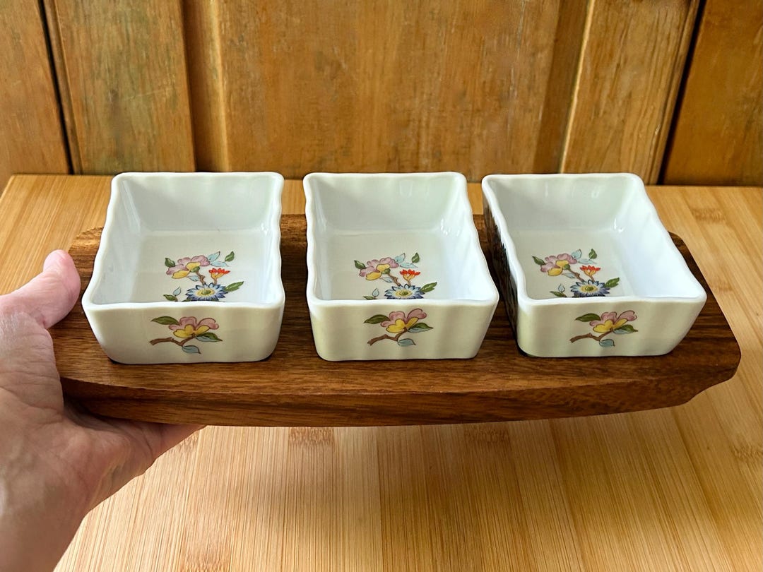 Vintage 3 Porcelain Ramekins + Wooden Serving Board From Dolphin | 3 ...
