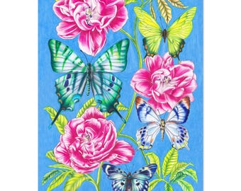 Botanische kunst, handgetekende kunst, bloemen, galeriewand, kunstprint, heldere eclectische kunstprint, fysieke print, wanddecoratie