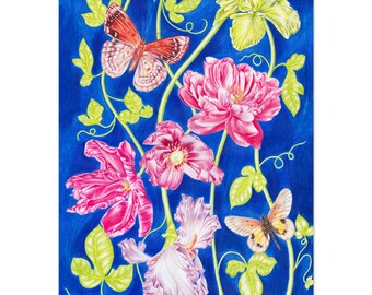 Botanische kunst, handgetekende kunst, bloemen, galeriewand, kunstprint, heldere eclectische kunstprint, fysieke print, wanddecoratie