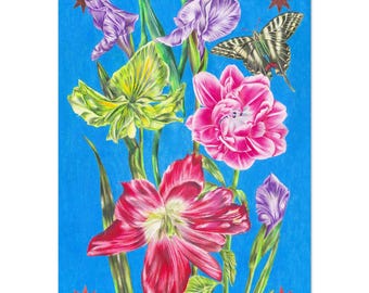 Botanische kunst, handgetekende kunst, bloemen, galeriewand, kunstprint, heldere eclectische kunstprint, fysieke print, wanddecoratie