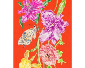 Handgetekende bloemtekening, bloemenkunstprint, kleurrijke woondecoratie, bloemenkunst voor thuis, kunstprint, botanische kunst, bloemen, vlinder, tulpen
