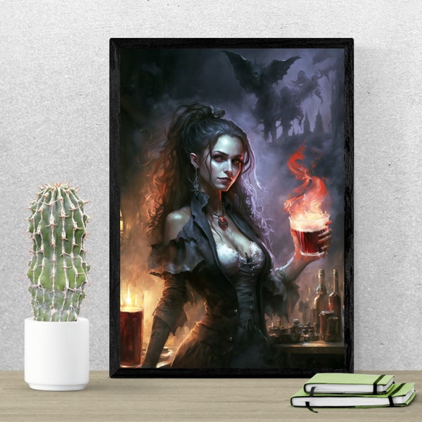 Lady Vampire Sipping a Steamy Potion - Digital Printable Art for Gothic Home Decor - Dark Academia, Occult, and Vampiric Aesthetics